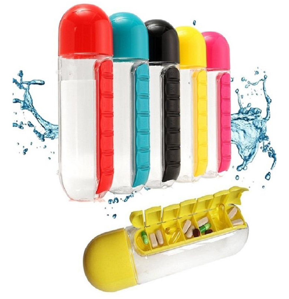 Water Bottle 600ml With Weekly Pill Organizer Box 2 In 1 (Medicine Storage) For Sports Men/Women/Kids