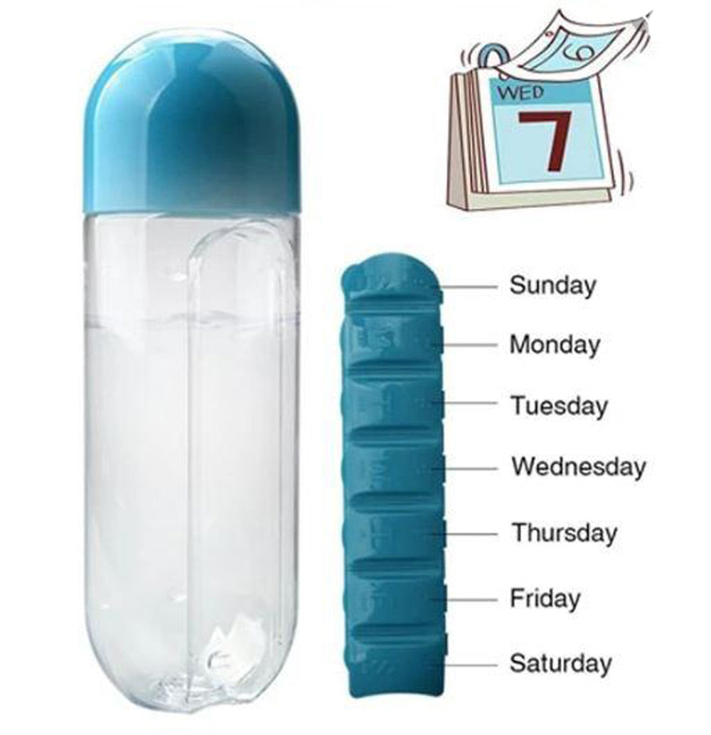 Water Bottle 600ml With Weekly Pill Organizer Box 2 In 1 (Medicine Storage) For Sports Men/Women/Kids