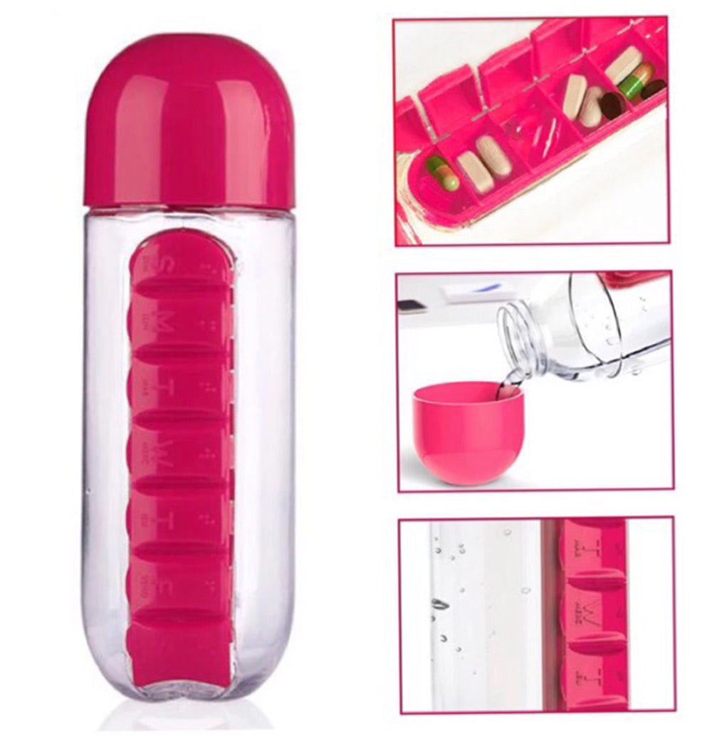 Water Bottle 600ml With Weekly Pill Organizer Box 2 In 1 (Medicine Storage) For Sports Men/Women/Kids