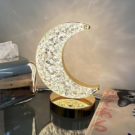 Crystal Table Lamp, Touch Control Lamp, 3 Color Crystal Light Lamp, Moon Shaped Night Light Crystal and Metal Base,Touch Sensor Bedside Decorative for Party, Bar, Living Room, Bedroom