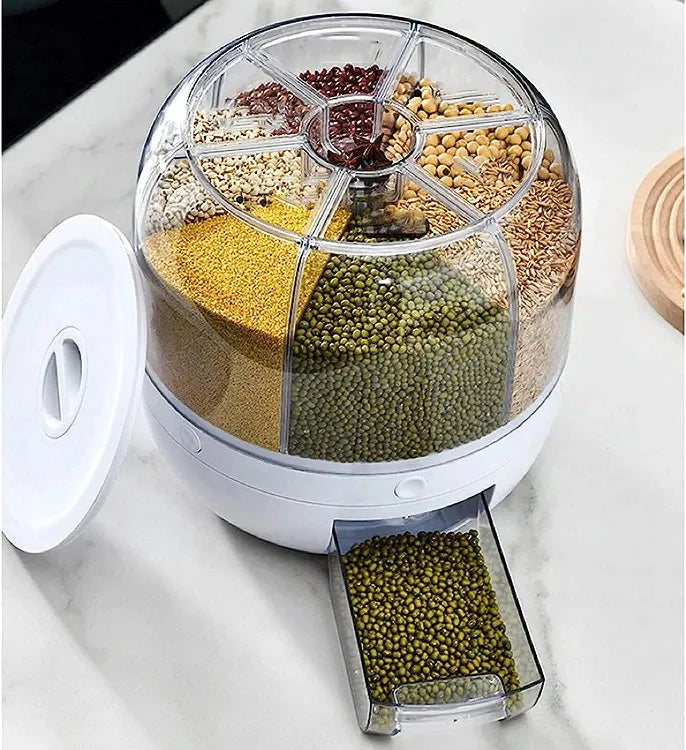 Rotatable Grains Storage Box, 6-Grid Grain Storage Tank, 360° Rotating Grains Food Dispenser Storage Container, Rice Storage Bucket for All Beans Barley Millet Granular Grains