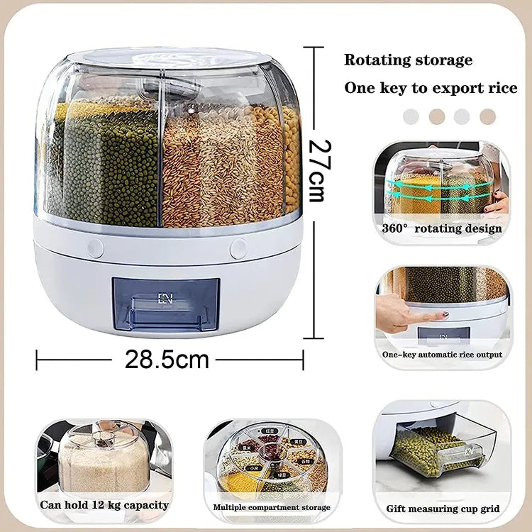 Rotatable Grains Storage Box, 6-Grid Grain Storage Tank, 360° Rotating Grains Food Dispenser Storage Container, Rice Storage Bucket for All Beans Barley Millet Granular Grains