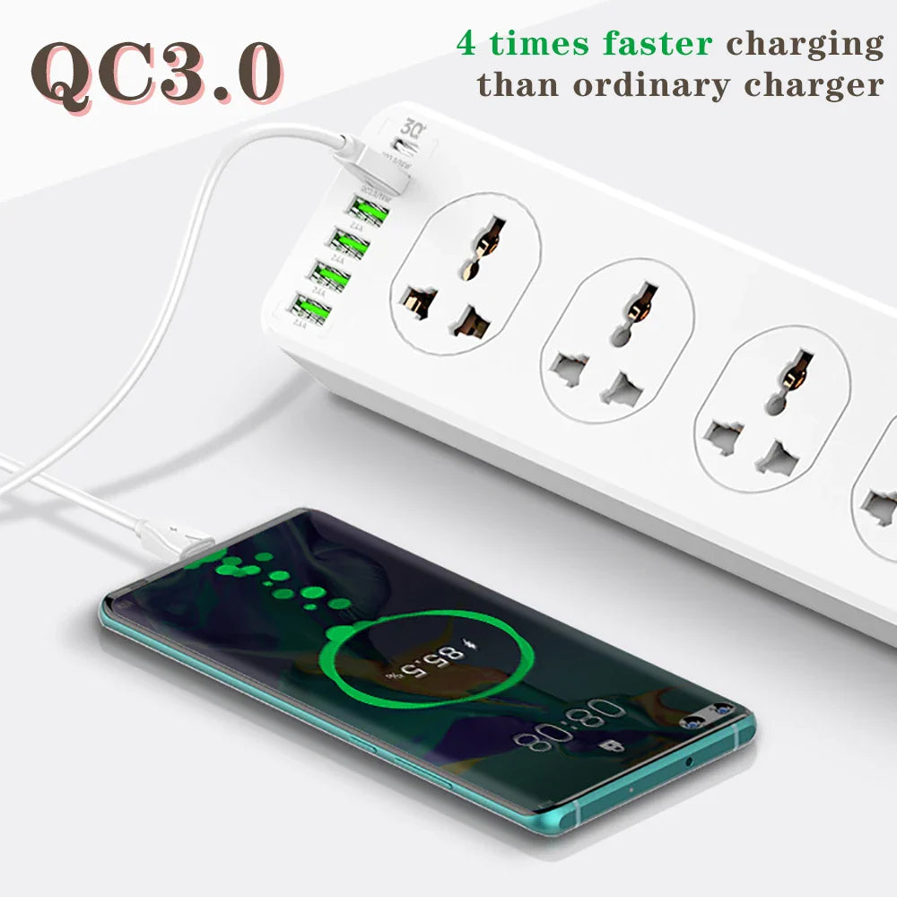 Universal Power Strip Extension Cord Socket 10 Outlet Multi Plug QC PD Fast Charging USB Charger for iPhone 13 12 EU US UK Plug