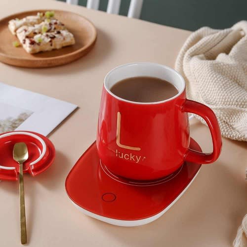 Electric Coffee Cup Warmer for Desk, with Automatic On/Off to Keep  Temperature Up to 104-122℉/ 40-50℃, Include Ceramic Mug, Cover, Spoon, Enjoy Anytime Hot Drinks