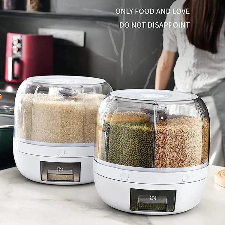 Rotatable Grains Storage Box, 6-Grid Grain Storage Tank, 360° Rotating Grains Food Dispenser Storage Container, Rice Storage Bucket for All Beans Barley Millet Granular Grains