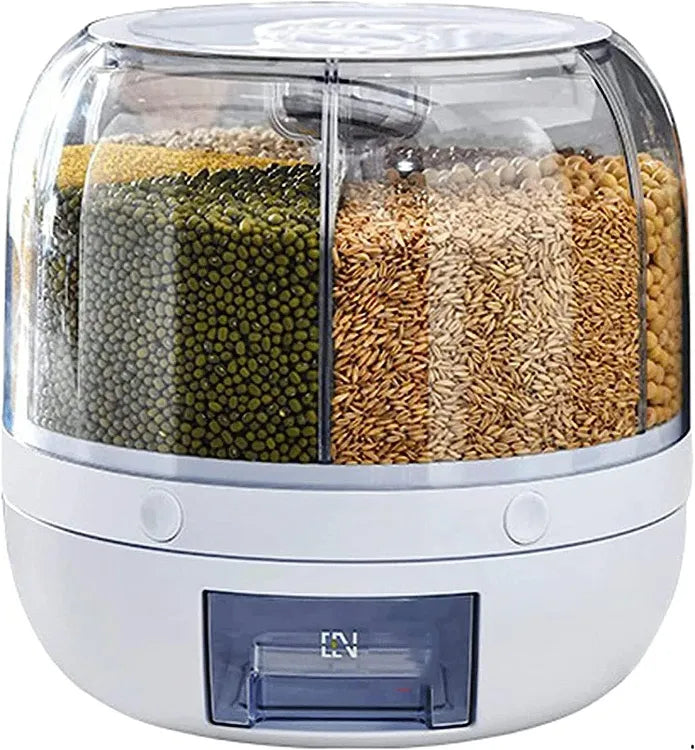 Rotatable Grains Storage Box, 6-Grid Grain Storage Tank, 360° Rotating Grains Food Dispenser Storage Container, Rice Storage Bucket for All Beans Barley Millet Granular Grains