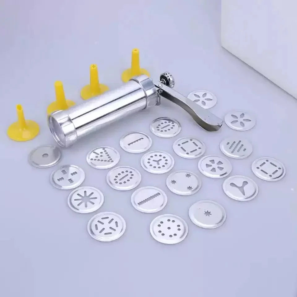 Manual Cookie Press Gun And Icing Set Alloy Churro Maker, Cookie Press Machine, Aluminum Cookie Gun, Biscuit Maker, Manual Cookie Press Stamps Set, Baking Tool With 10 Cookie Molds 4 Nozzles