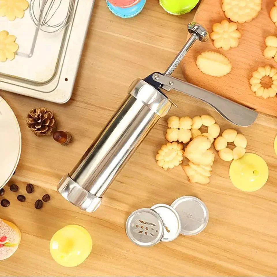 Manual Cookie Press Gun And Icing Set Alloy Churro Maker, Cookie Press Machine, Aluminum Cookie Gun, Biscuit Maker, Manual Cookie Press Stamps Set, Baking Tool With 10 Cookie Molds 4 Nozzles